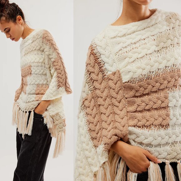 NEW Free People Revelry Cable Fringe Poncho Sweater Top Neutral OS Rare Bohemian - Picture 1 of 15